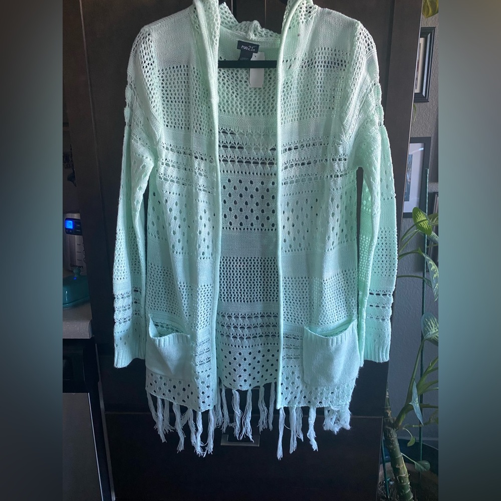 Light aqua hooded open crochet sweater.  Size Large